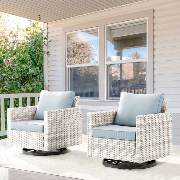 Opohoro Set of 2 Outdoor Swivel Rocker Patio Chairs, Square Armrest Wicker Swivel Chairs with Cushions for Porch, Deck, Poolside & Yard, Light Gray Wicker Baby Blue Cushions