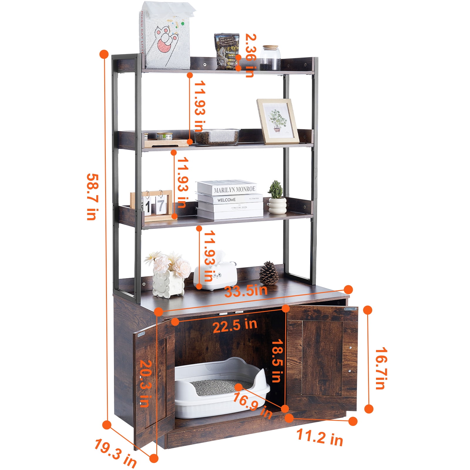 KFFKFF Litter Box Cabinet, Concealed Cat Toilet with Triple Storage, Wood Pet Bathroom for Indoors, Spacious Kitty Enclosure, 33.5"L x 19.3"W x 58.7"H, in Dark Brown