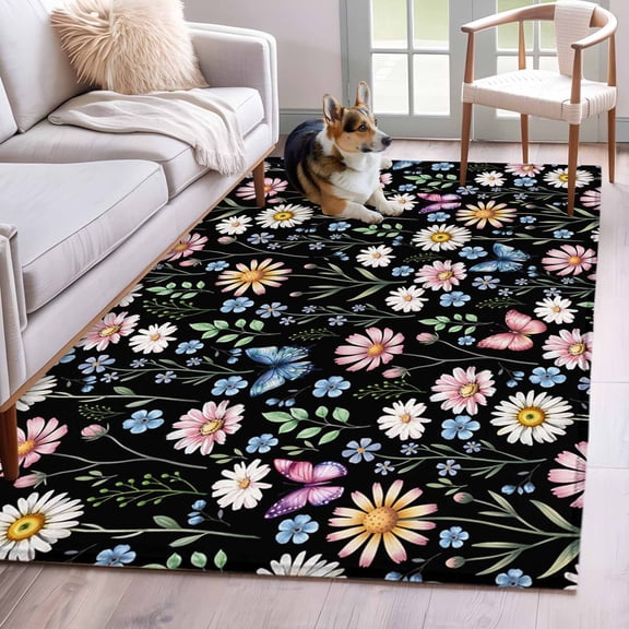Spring Floral Area Rugs 2.7'x5', Washable Small Throw Rugs for Kitchen Bedroom, Elegant Pastoral Flowers Butterflies Black Indoor Outdoor Rug Non-Slip Low Pile Carpet Runner Reversible Floor Mats