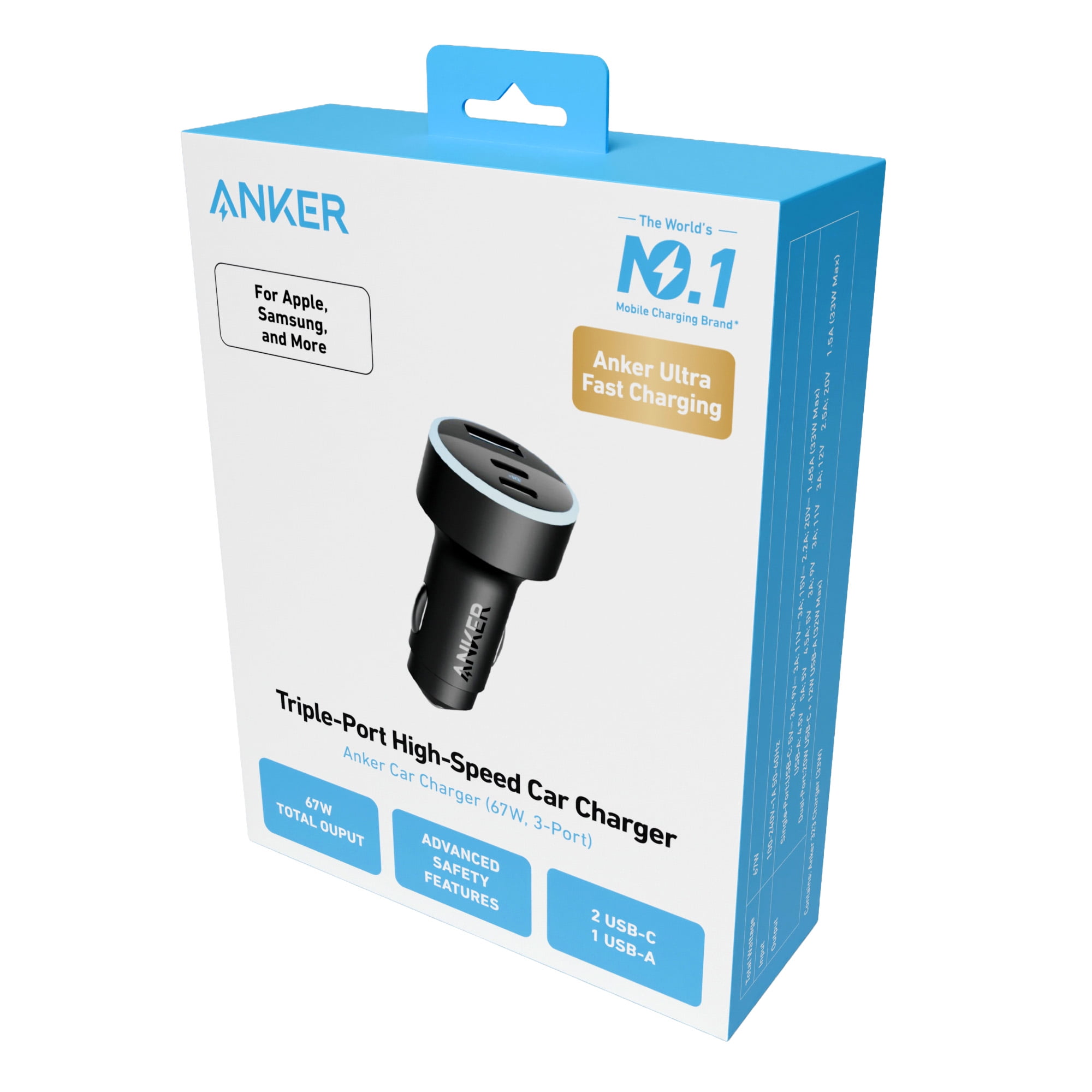 Anker USB-C Car Charger, iPhone 17 Car Charger, 67W 3-Port Compact Fast Charger, 535 Car Adapter with PIQ 3.0 for iPhone 17/16/15/14 Series, Galaxy S25/24/23, MacBook, iPad, and More