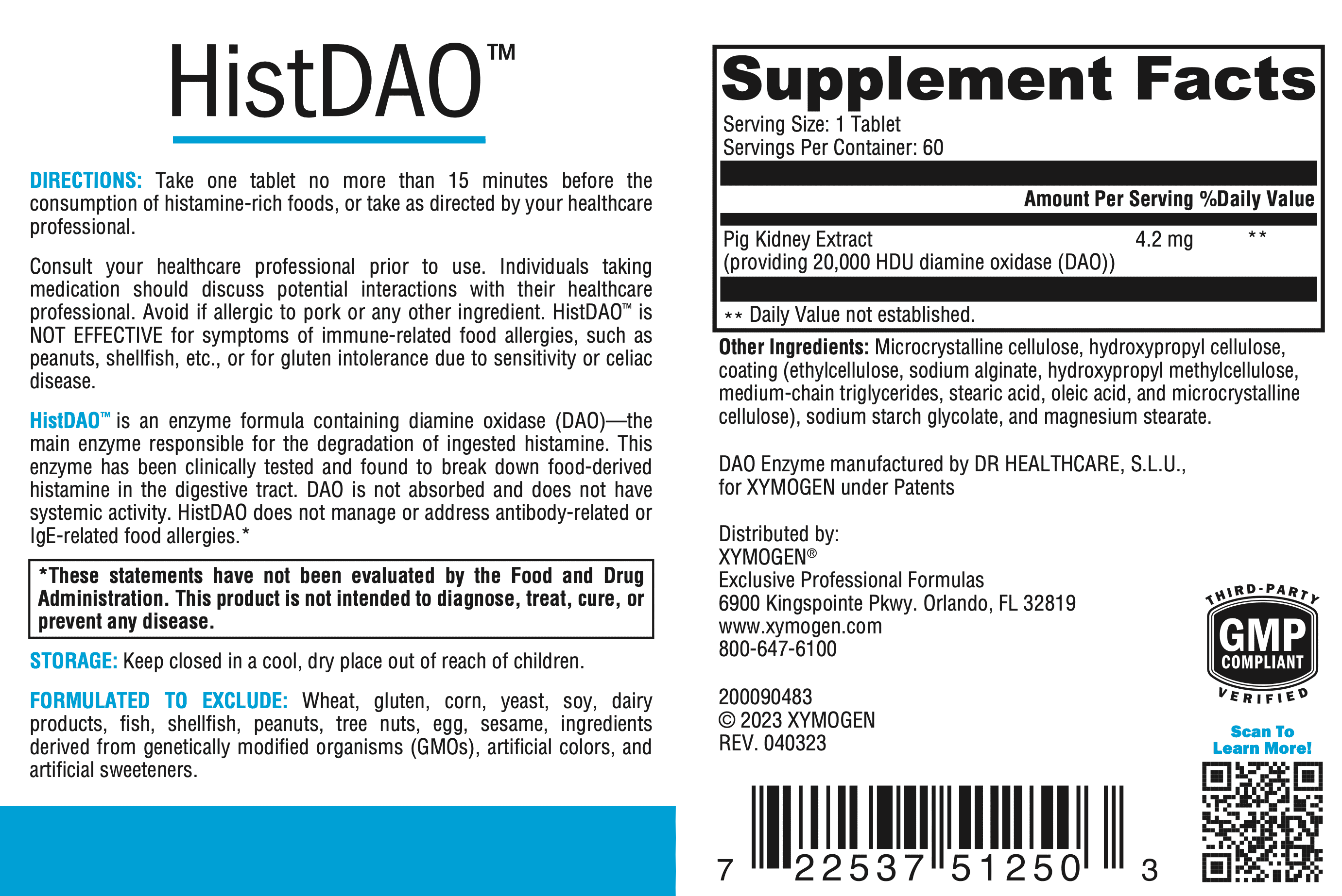 XYMOGEN HistDAO - DAO Enzyme Supplement for Digestive Health Support* - Diamine Oxidase from Pig Kidney Extract - 20,000 HDU Per Serving - Gluten-Free & Dairy-Free - 60 Tablets
