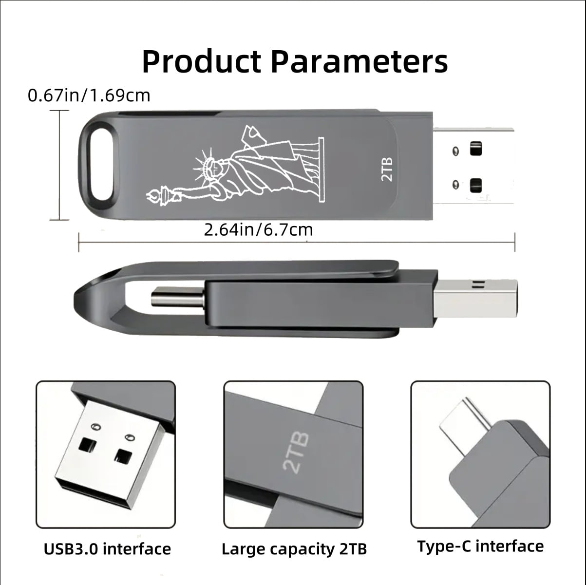Flash Drive,Dual USB Thumb Drive  Memory Storage Stick Zip Drive Type  C Pendrive for Android Mobile/Tablet/PC  Black-Tersanhong