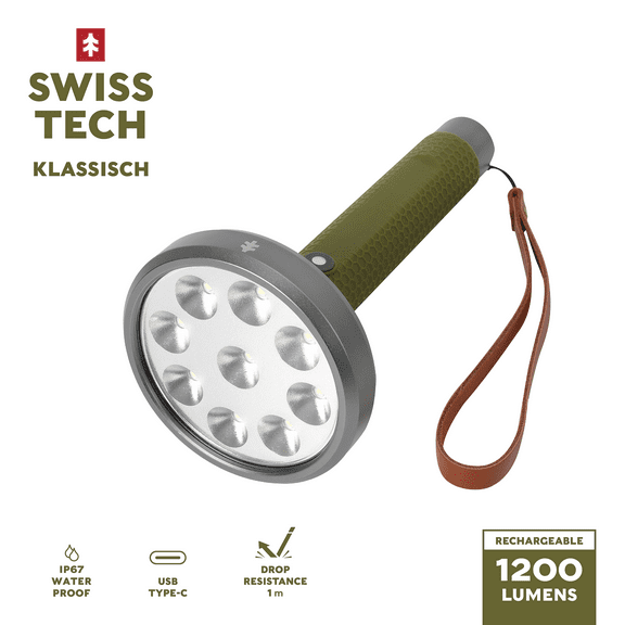 Swiss Tech 1200 lumen rechargeable LED flashlight with battery, durable handheld light
