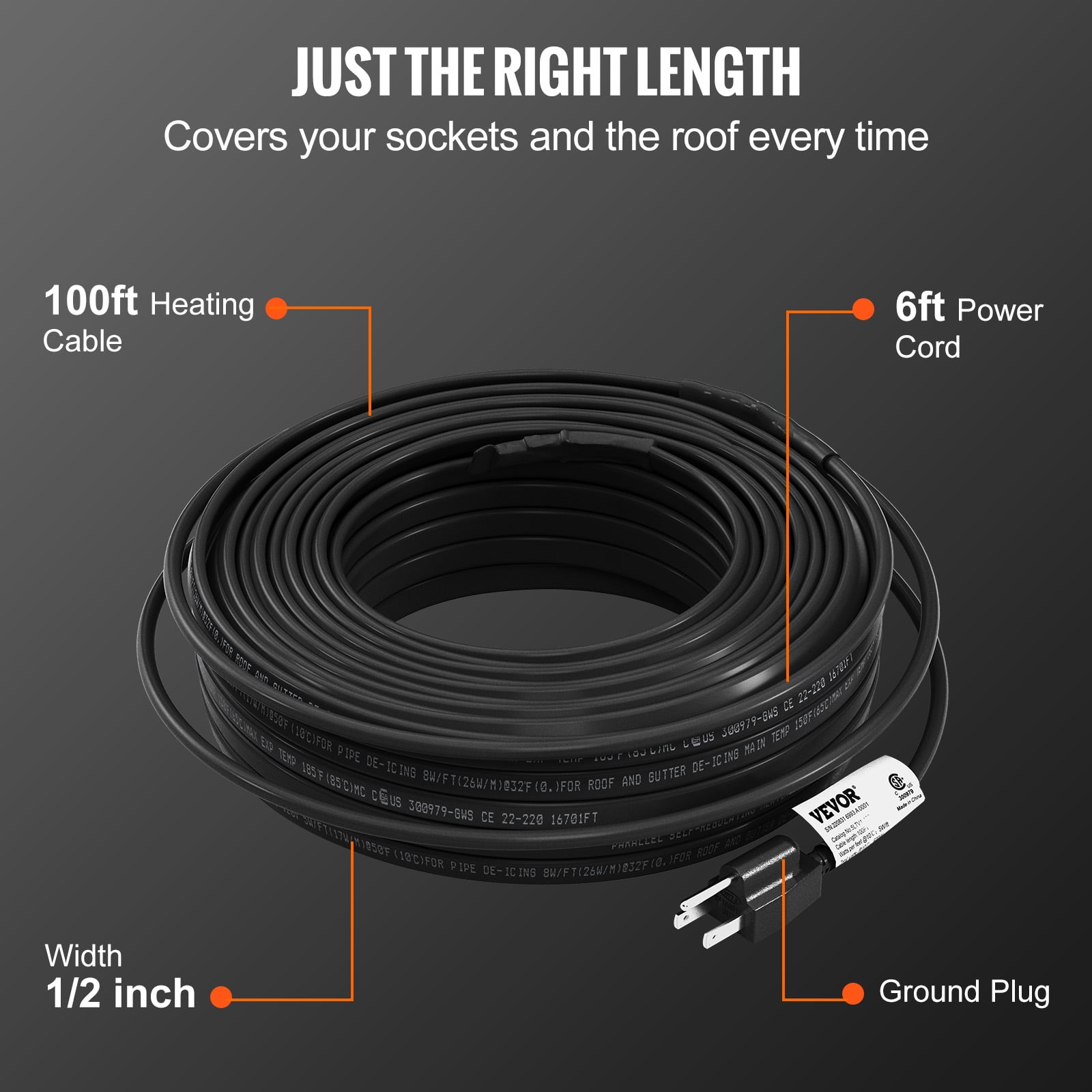VEVOR Roof & Gutter De-icing 100 feet, 8W/ft Heating Tape, 120V Self-Regulating Heating Cable for Pipes, Roof & Gutter