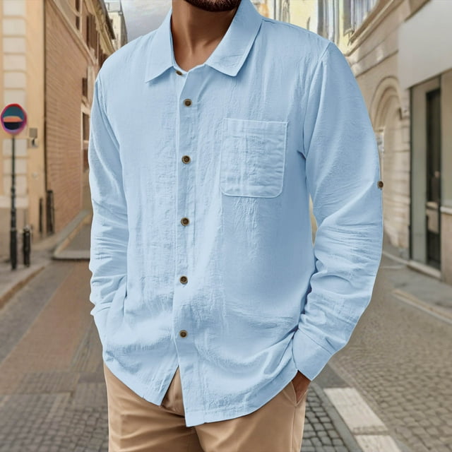 pstuiky camisas de hombre de manga larga, Camisa de lino con bolsillo y solapa con botones y manga larga de color liso para hombre camisetas de hombre xl
