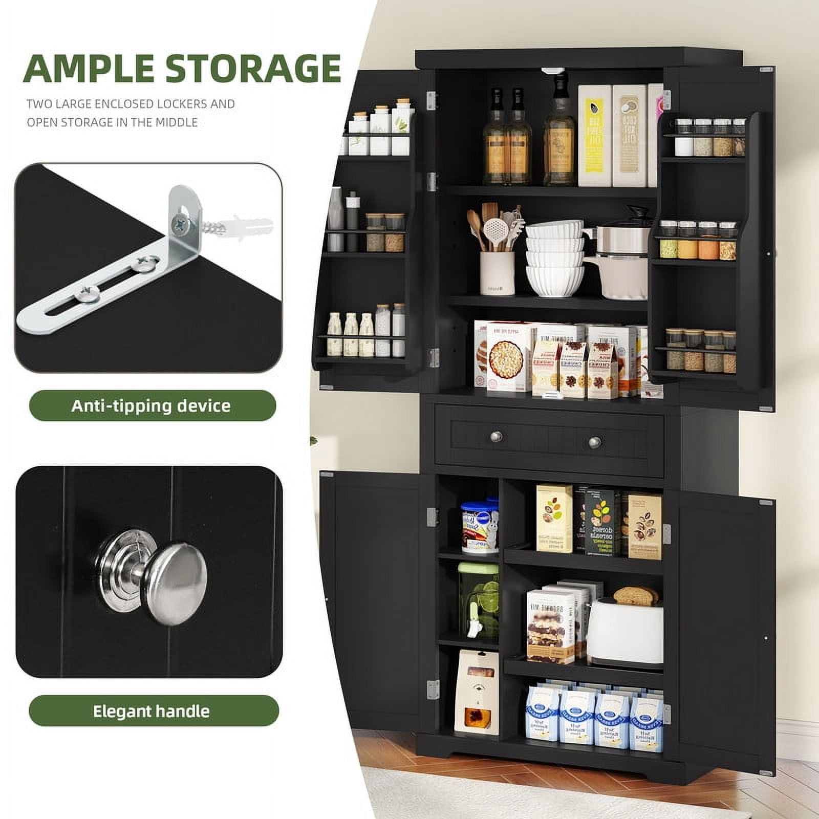 Uforic 72'' Tall Kitchen Pantry Cabinet with Drawer, 4 Door Pantry Storage Cabinet with Adjustable Sliding Shelve, Freestanding Buffet Cupboards, Food Pantry Cabinet for Dining Room, Kitchen, Black