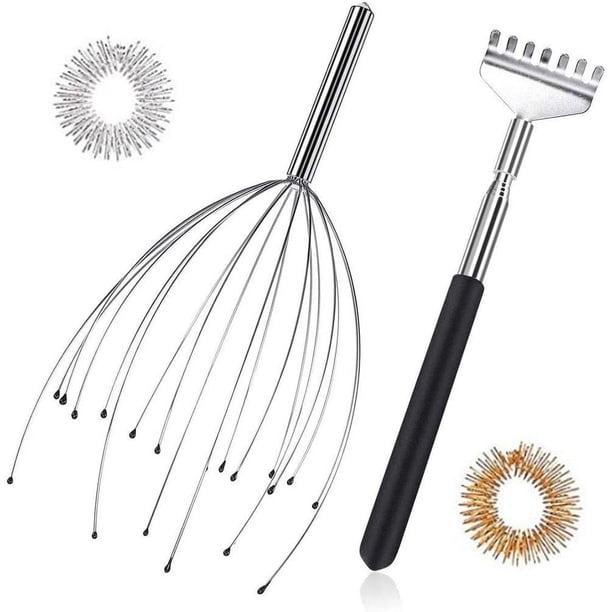 Juego de masaje de cabeza con mango de acero inoxidable + rascado de espalda + masaje de dedos (embalaje en caja blanca) - garra de masaje de cabeza de alambre de acero inoxidable Ormromra LN-1997