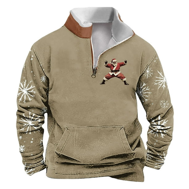 Sudadera sin capucha para hombre, de invierno, con cuello alto, cremallera, estampado navideño, jersey de manga larga, sudadera con capucha, blusa de poliéster para hombre