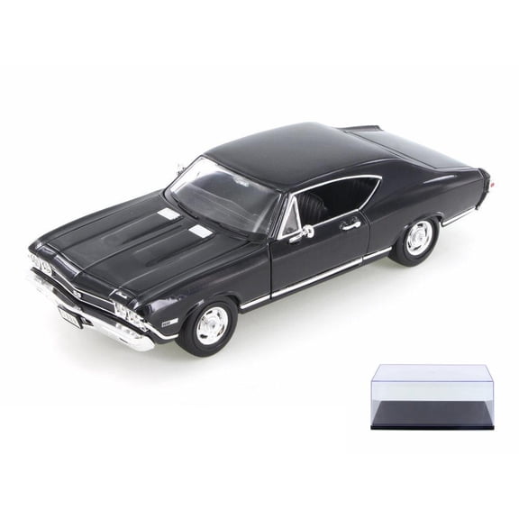 Diecast Car & Display Case Package - 1968 Chevy Chevelle SS 396, Black w/ Black - Welly 29397WBK - 1/24 Scale Diecast Model Toy Car w/Display Case