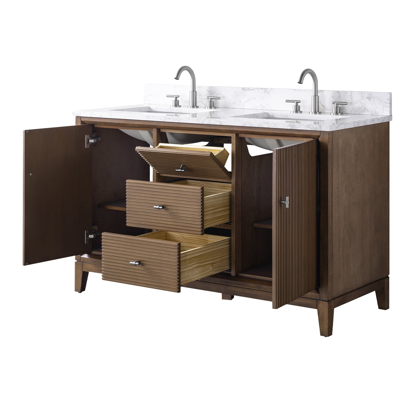 Vanity Art 54" Bathroom Vanity with Sinks and Engineered Marble Top, Freestanding Storage Cabinet with 2 Drawers, 2 Shelves and 1 Flip Down Tray