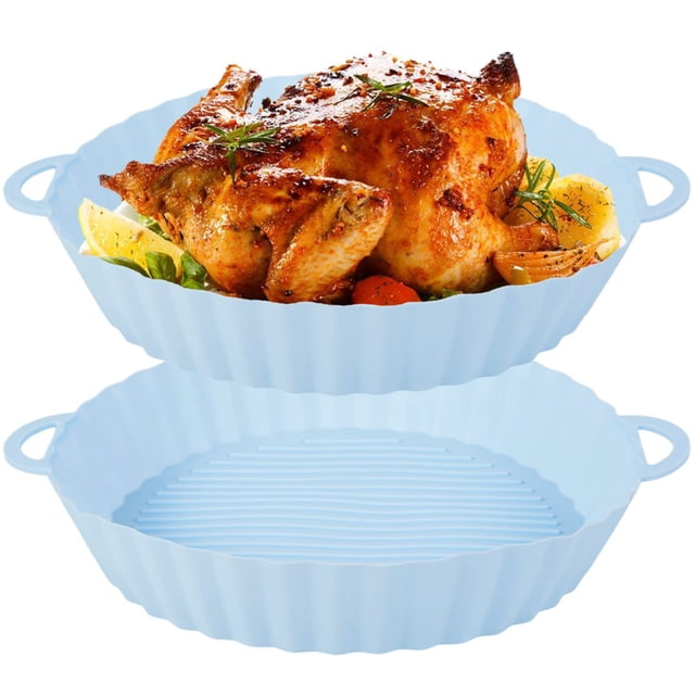 2pcs Air Friteuse Silicone Pot Réutilisable Air Friteuse Silicone Doublure Résistant à la Chaleur Panier de Friteuse avec Poignée Plaque de Cuisson en Silicone Poêle à Frire Accessoires pour Four à Micro-Ondes