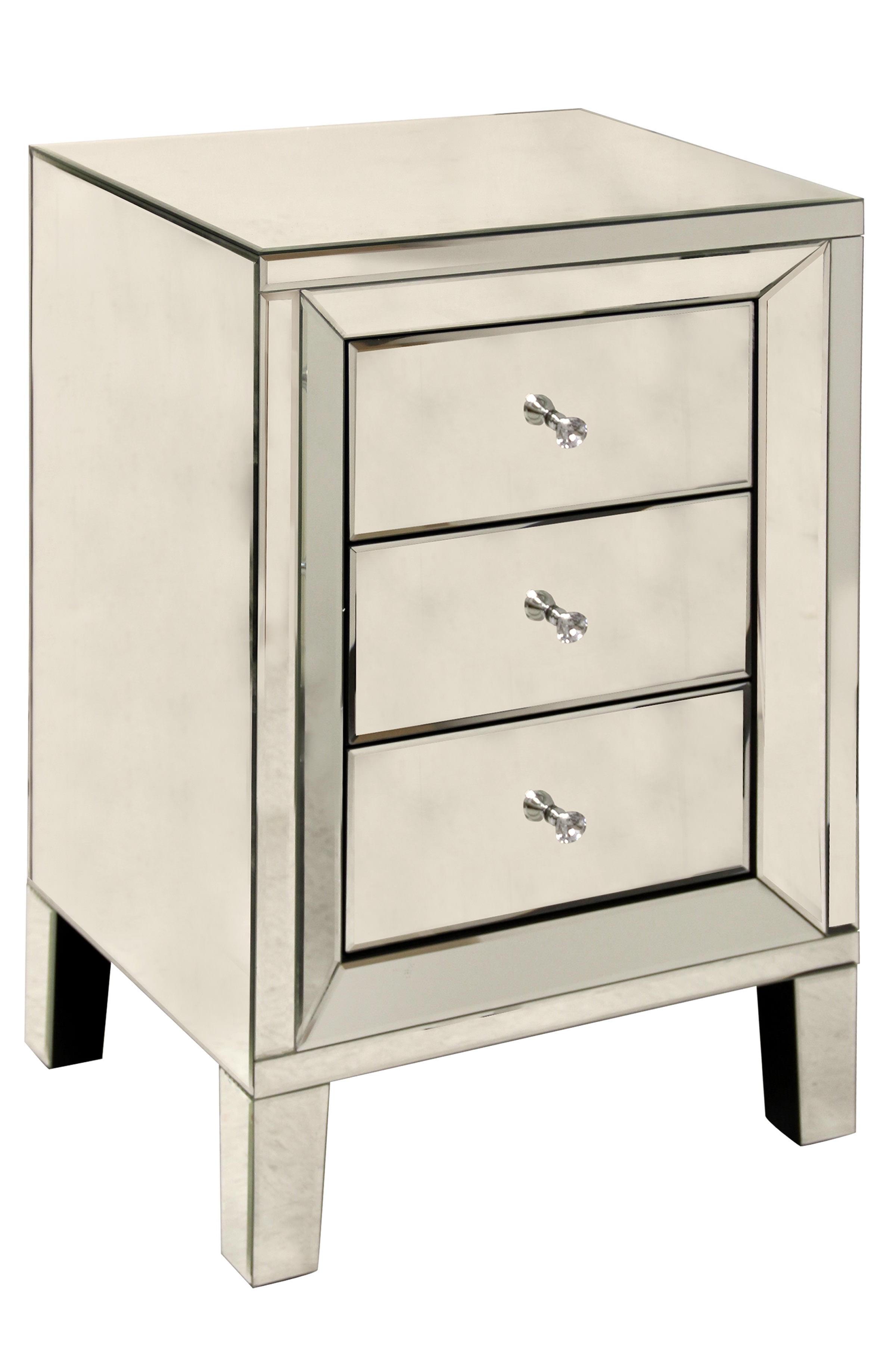 3 Drawer Mirrored Side Table With Faux Diamond Knobs Com