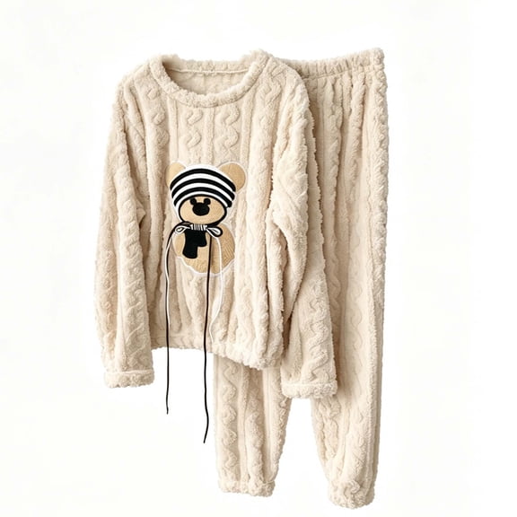 Lounge Sets for Women Winter Warm Plush Pajama Set Cute Bear Print Long Sleeve Top and Cozy Pants Soft Comfortable Sleepwear White