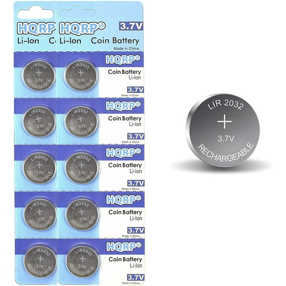 HQRP 10-Pack LIR2032 LIR2032H 3.7-Volt Lithium-Ion Rechargeable Coin Cell Battery LIR-2032 LIR2O32 LIR-2O32