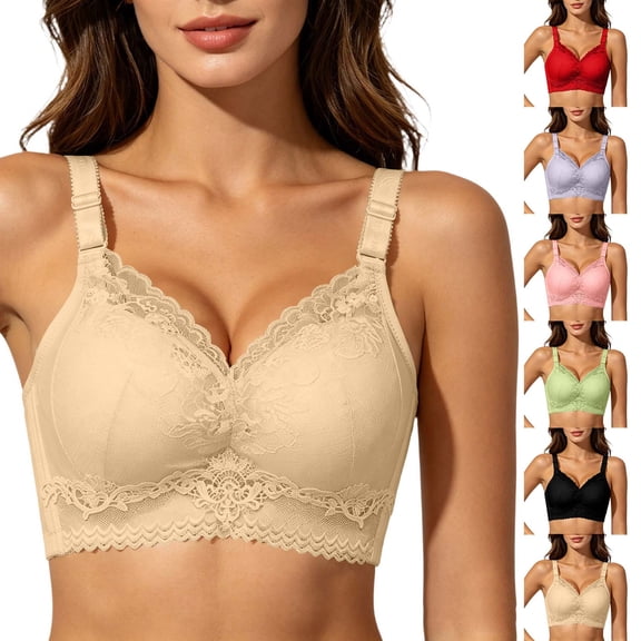 DDAPJ pyju Women's Floral Lace Push Up Bra No Underwire Seamless Supportive Bras Full Coverage T-Shirt Bralette Comfortable Everyday Bras Red 36