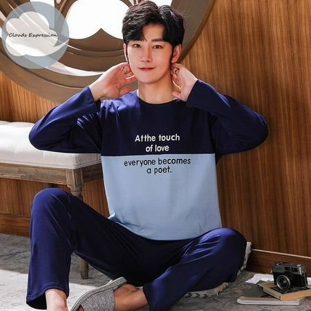 

QWZNDZGR Spring Autumn Knitted Cotton Cartoon Men s Pyjamas Striped Pajamas Set Casual Male Sleepwear Pyjama Night Pijamas 3XL Homewear