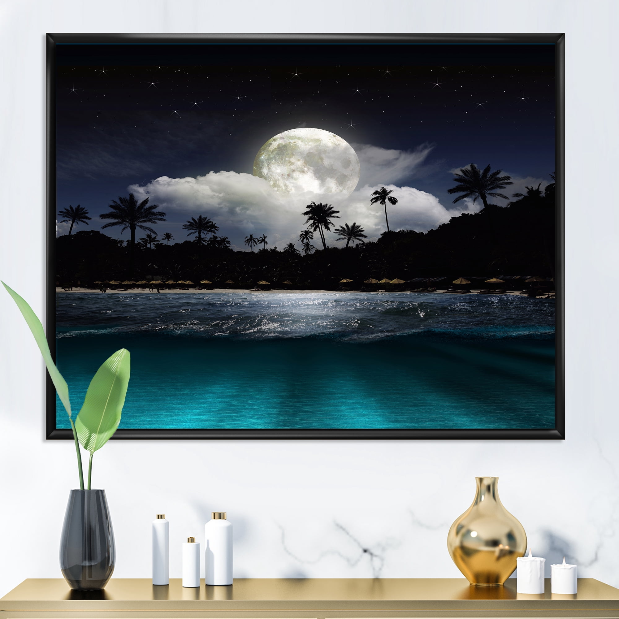Designart 'Green Beach Under Tropical Full Moon' Modern Framed Canvas Wall Art Print