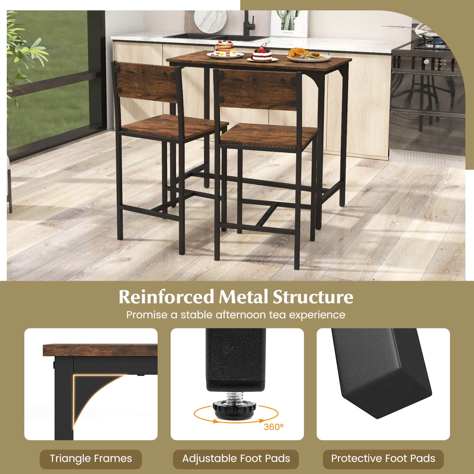 Costway 3 PCS Bar Table Set Pub Dining Table & 2 Bar Stools with Backrest & Footrest Brown