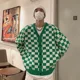 thumbnail image 3 of Suéter de punto Chaqueta de hombre Abrigo Verde Ropa de hombre Cárdigan estético Cuadros Cuello en V Moda 2024 Sudadera barata Calle holgada X, 3 of 5