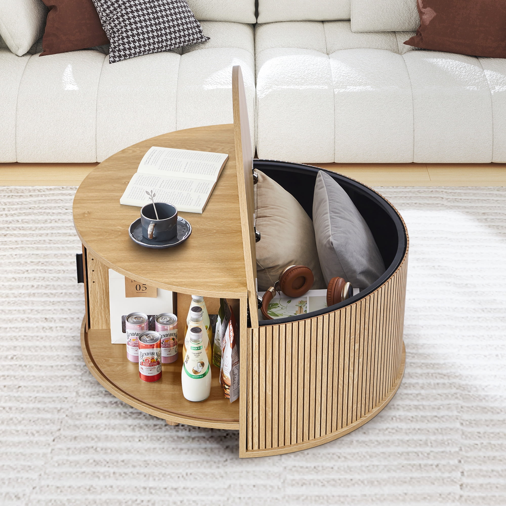 Wirrytor Fluted Round Coffee Table with Flip Top and Hidden Storage Compartments, Mid Century Modern Center Table with Sliding Door for Living Room, Oak Finish