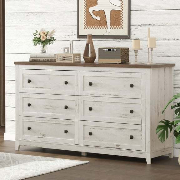 Lifewit Farmhouse 6 Drawers Dresser for Bedroom, Dressers & Chests of Drawers, Tall Wooden Dresser Organizer for Bedroom, Living Room，Hallway, Entryway, Rustic White