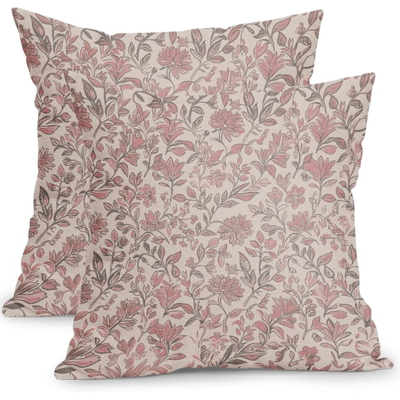 Vintage Floral Pillow Covers 18x18 Inch Set of 2 Antique Flower Block Print Pillowcases Pink Gray Neutral Traditional Square Cushion Case Decoration for Couch Home Decor
