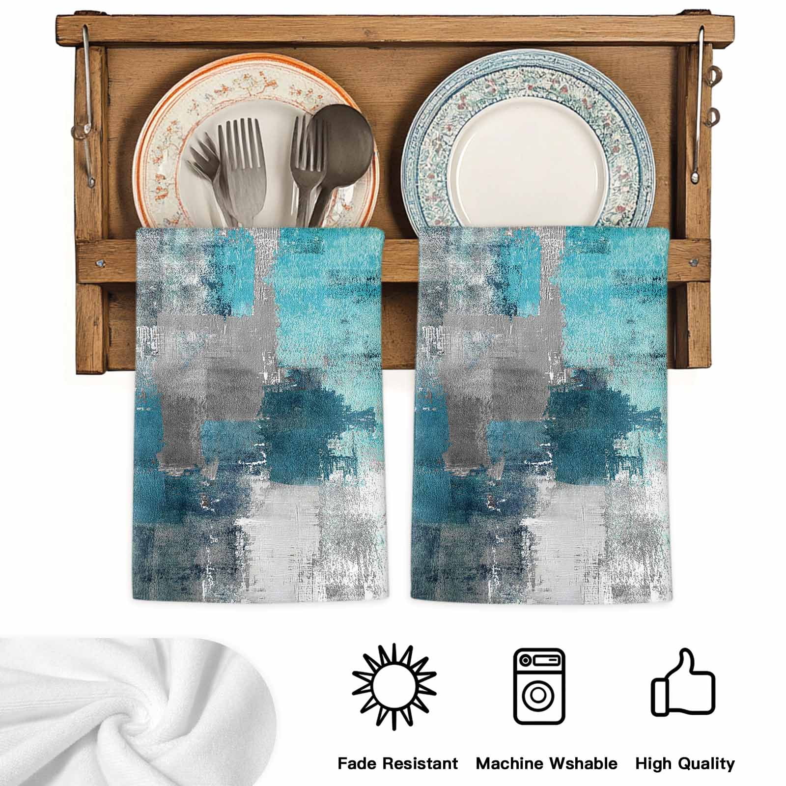 Dish Towels, Teal Gray Block Absorbent Kitchen Towels 2 PCS, Abstract Art Microfiber Hand Towels Dish Cloths Tea Towels for Home&nbsp;Bathroom Cleaning Drying,18X28-Inch,