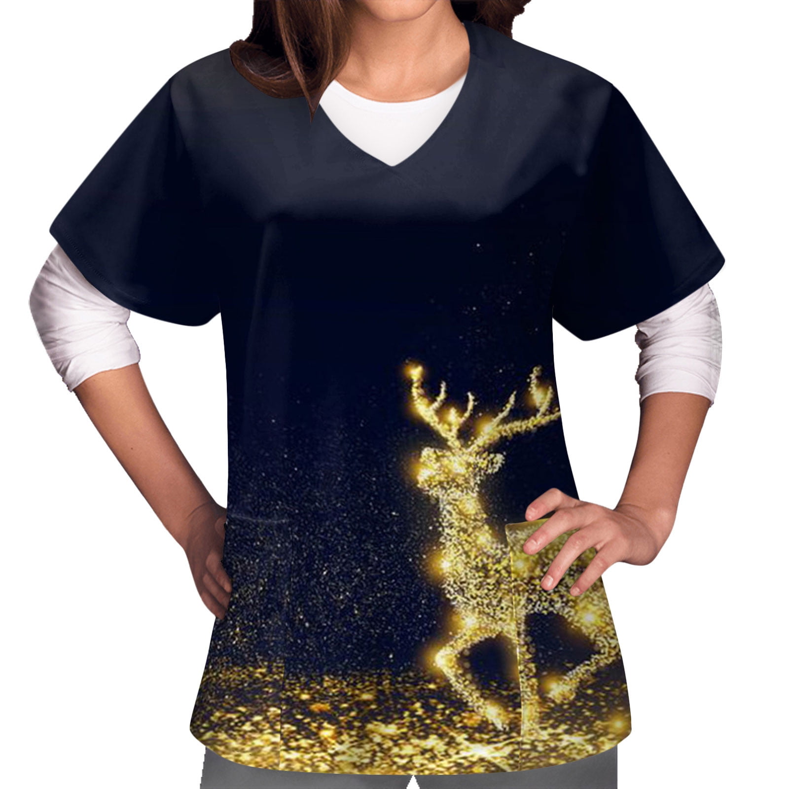 Christmas Scrub Top for Women Christmas Printing Workwear Tops Short