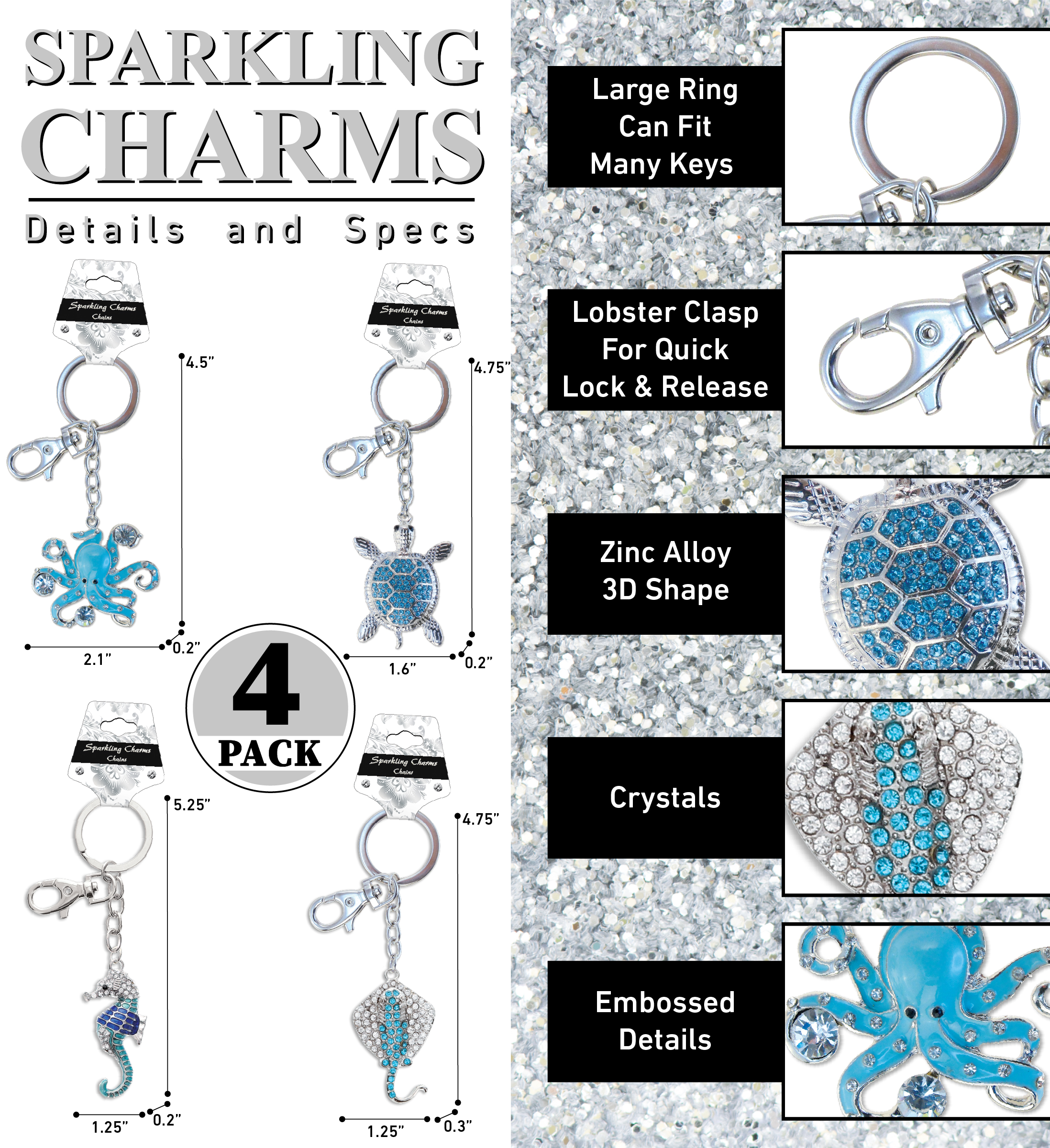 Aqua79 Sparkling Keychain Set of 4 – Octopus, Sea Turtle, Seahorse, and Stingray 3D Charm Rhinestones, Metal Alloy Key Ring - Accessory with Clasp for Key Chain, Bag, Purse, Handbag, and Backpacks