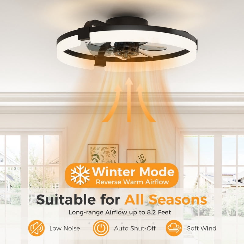 Gianna 19.7 Inch Ceiling Fans with Lights, Ceiling Fan, Low Profile Fandelier, 3000K-6500K Dimmable LED Flush Mount for Living Room, 6-Speed Reversible, App Control, Black