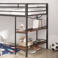 thumbnail image 6 of UHOMEPRO Junior Twin Loft Bed with Shelf, Metal Twin Loft Bunk with Cinnamon Wood Shelf, Loft Bed with Stairs and Reinforced Guardrail, Bunk Bed with 2 Layer Shelf, Black, 6 of 10