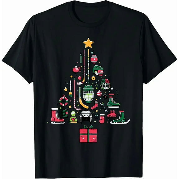 Ice Hockey Christmas Tree Holiday Festive Sports Theme Tee, for men and women up to 5XL