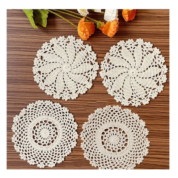 Handmade Cotton Crochet Lace Doilies 7inch,, 4 Pcs Rustic Cloth Lace Round Table Doilies Placemats