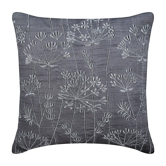 Cushion Cover, Charcoal Grey Decorative Pillow Covers 16x16 inch (40x40 cm), Silk Toss Pillow Covers, Nature & Floral, Embroidery, Contemporary Couch Pillow Cases - Willow Splendor