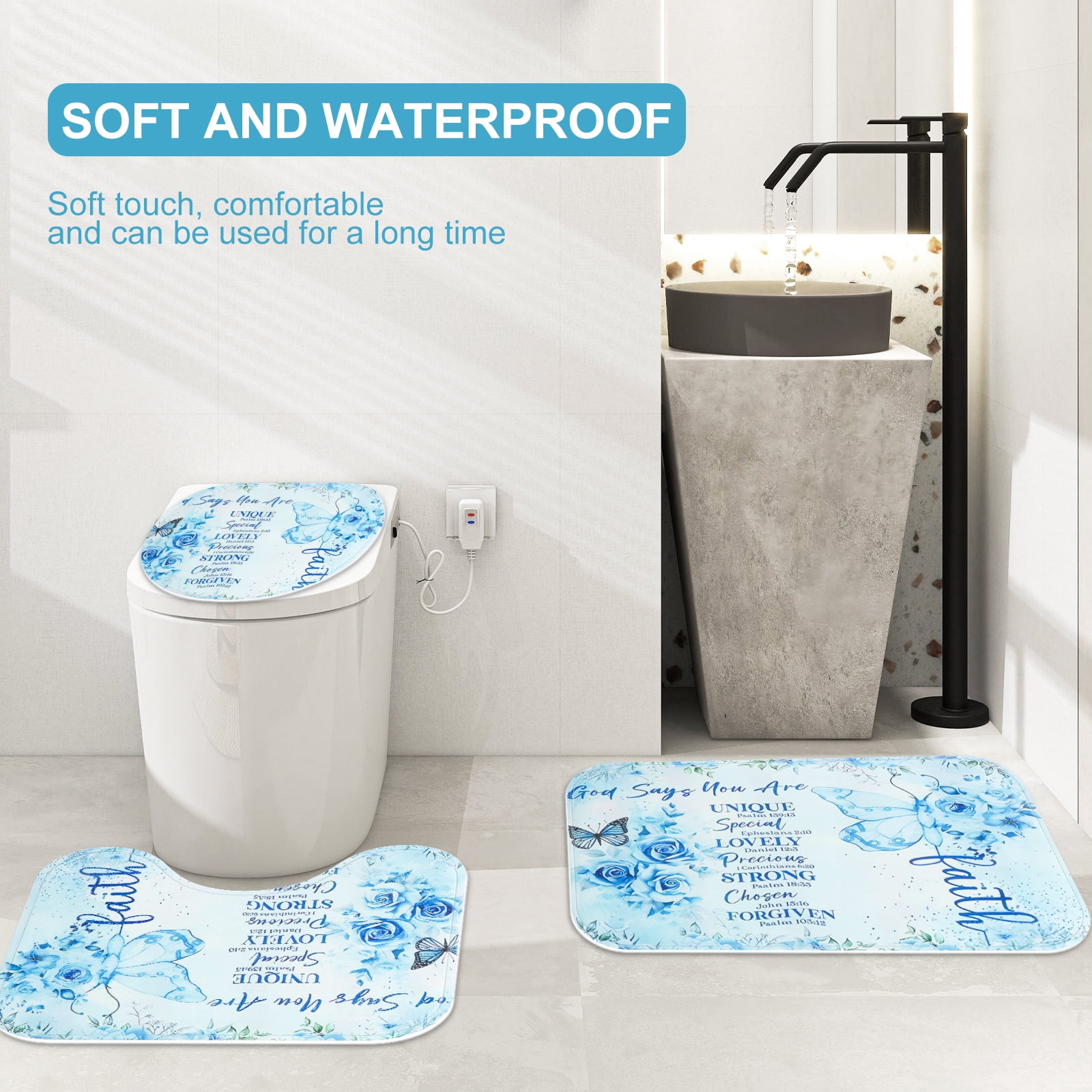 Dznils Blue Floral Shower Curtain Sets with Rugs, 16pc Butterfly Bathroom Curtain Set, 72" x 72"