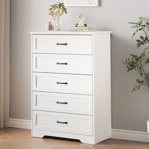 Sakiyr 5-Drawers Dresser for Bedroom, Wood Tall Chest of Drawers Storage Organizer Cabinet for Living Room, Entryway, Hallway, White