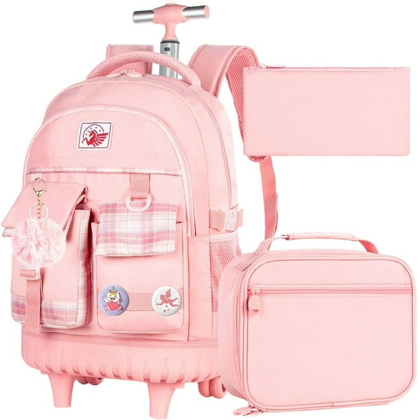 Mochila con ruedas gxtvo, 3 unidades, para niñas y mujeres, con fiambrera, color rosa