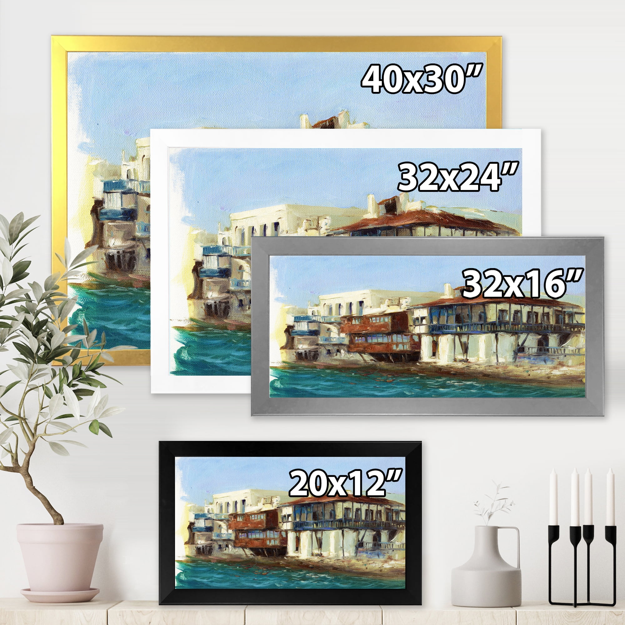 Designart 'Impression Old Houses On The Island of Mykonos Greece' Nautical & Coastal Framed Art Print