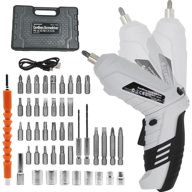 Cordless Screwdriver, 47 in 1 Electric Screwdriver kit with a grey rechargeable 3.6V portable drill featuring a dual position handle, LED light, and USB cable. Ideal for home improvement and DIY projects, it includes 47 accessories such as screwdriver bits, socket wrenches, twist drill bits, and a flexible hex shaft, stored in a compact black carrying case.