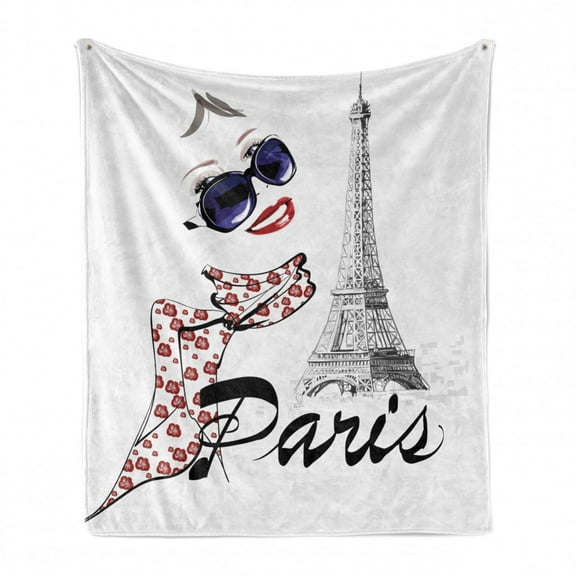 Paris Soft Flannel Fleece Throw Blanket, Sketchy Image of a Woman Smiling with Scarf and Landmark Eiffel Tower, Cozy Plush for Indoor and Outdoor Use, 50" x 70", Dark Blue White, by Ambesonne