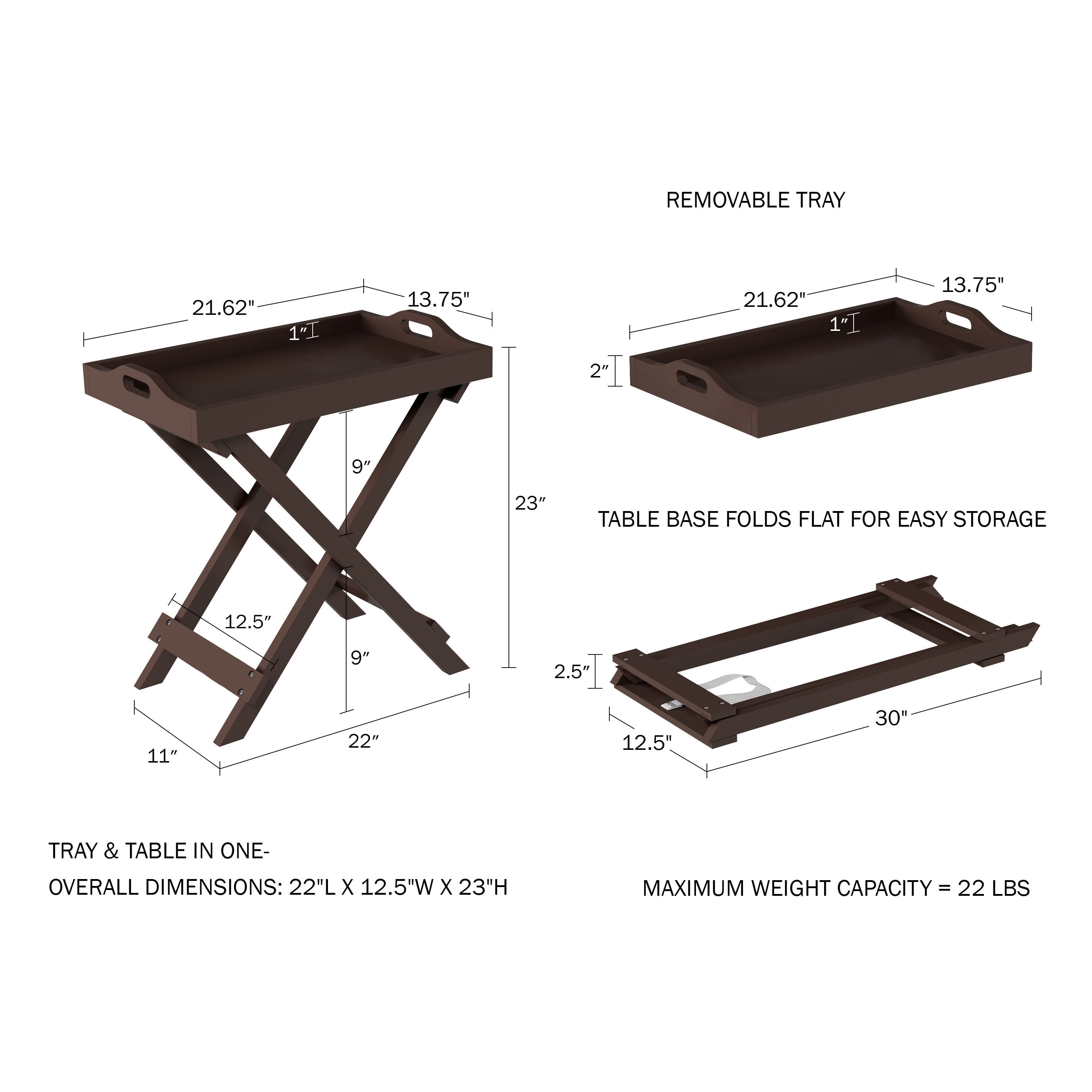 Lavish Home 23-inch End Tables Set of 2 – Folding Tray Table with Removable Top (Brown)