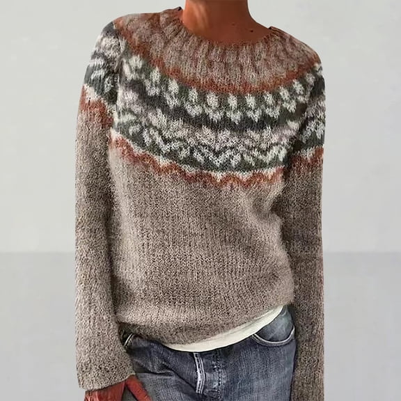 Brown Womens Sweaters Women's Knitted Isle Print Retro Sweater Casual Loose Crewneck Long Sleeve Lightweight Cropped Pullover Tops Fall Outfits for Women 2025
