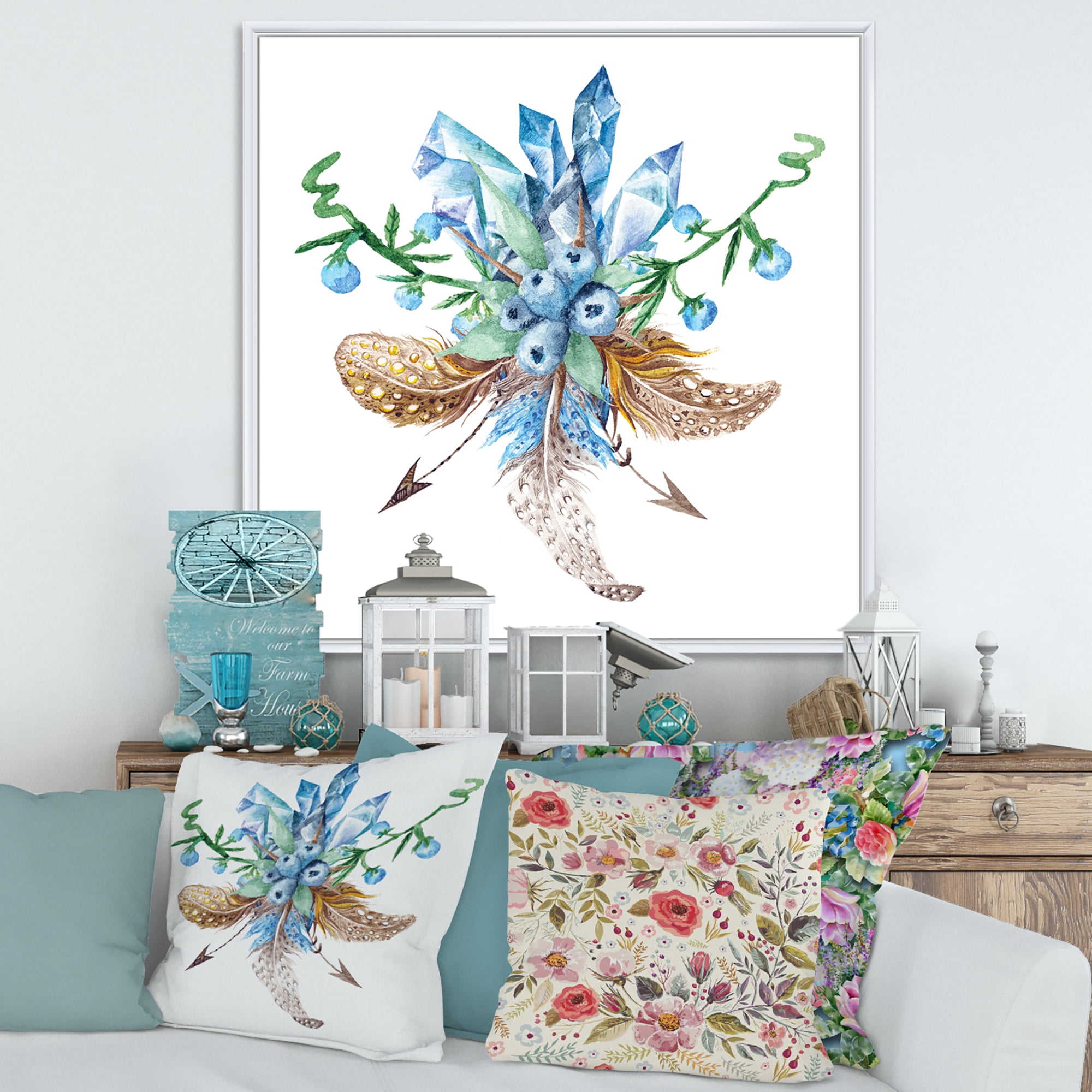 Designart 'Fresh Tribal Vignette Wild Forest Wreath Design On White I' Traditional Framed Canvas Wall Art Print