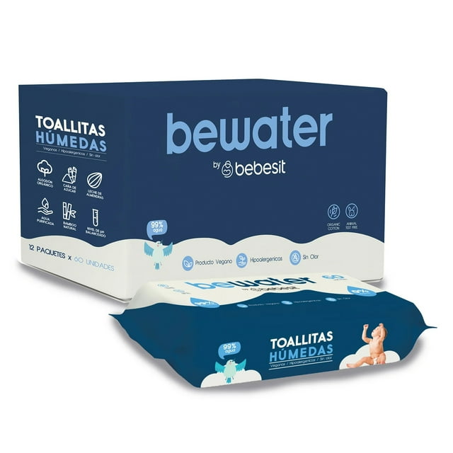 Toallitas Húmedas Bewater Bebesit 12 Paqs 60u Veganas Sin Alcohol Hipoalergénicas Piel Sensible