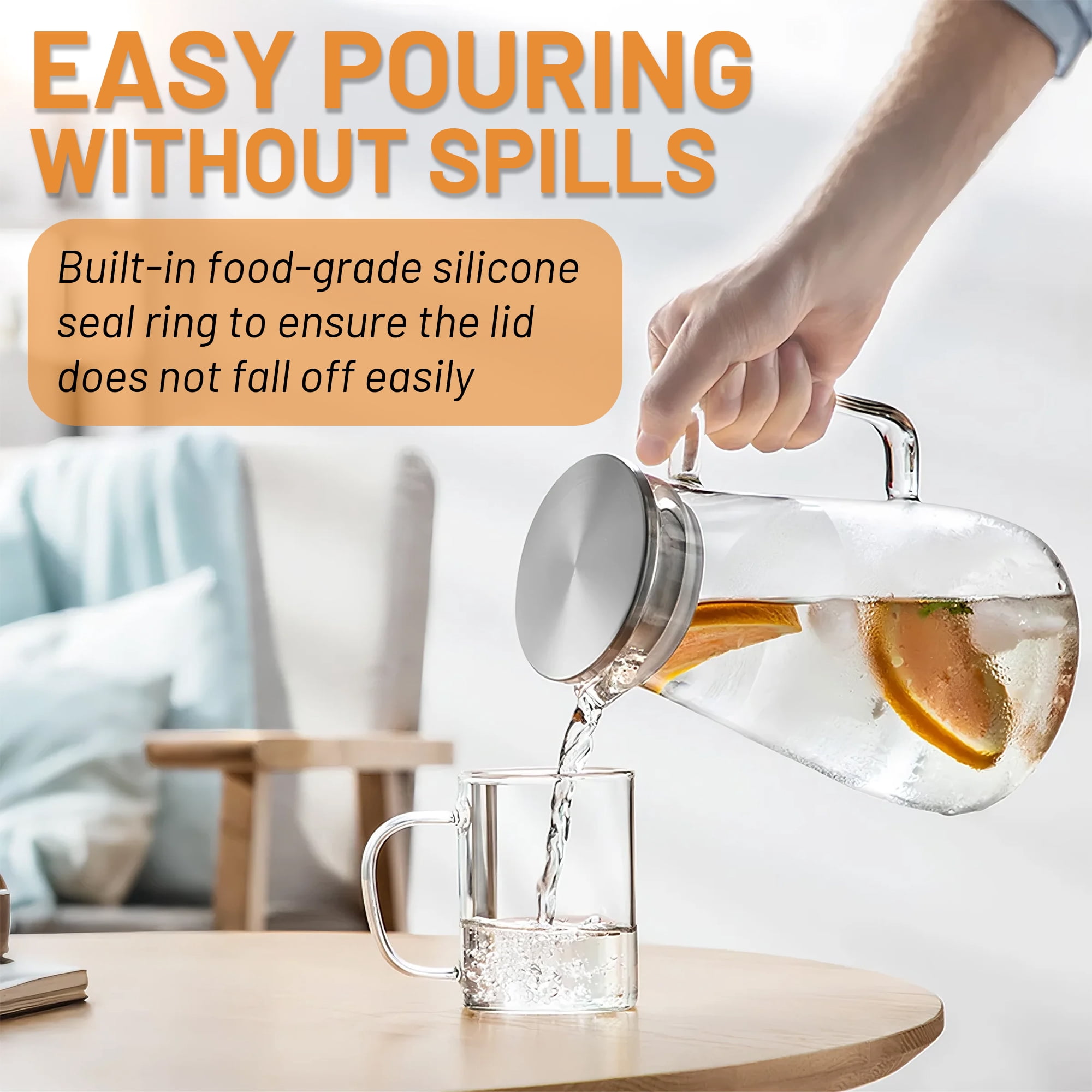 64 oz Glass Pitcher with Lid, Easy Clean Water Pitcher, Ice Tea Pitcher for Fridge, Glass Pitchers with Handle and Lid for Cold Brew, Iced Tea, Juice, Milk, Hot/Cold Beverages