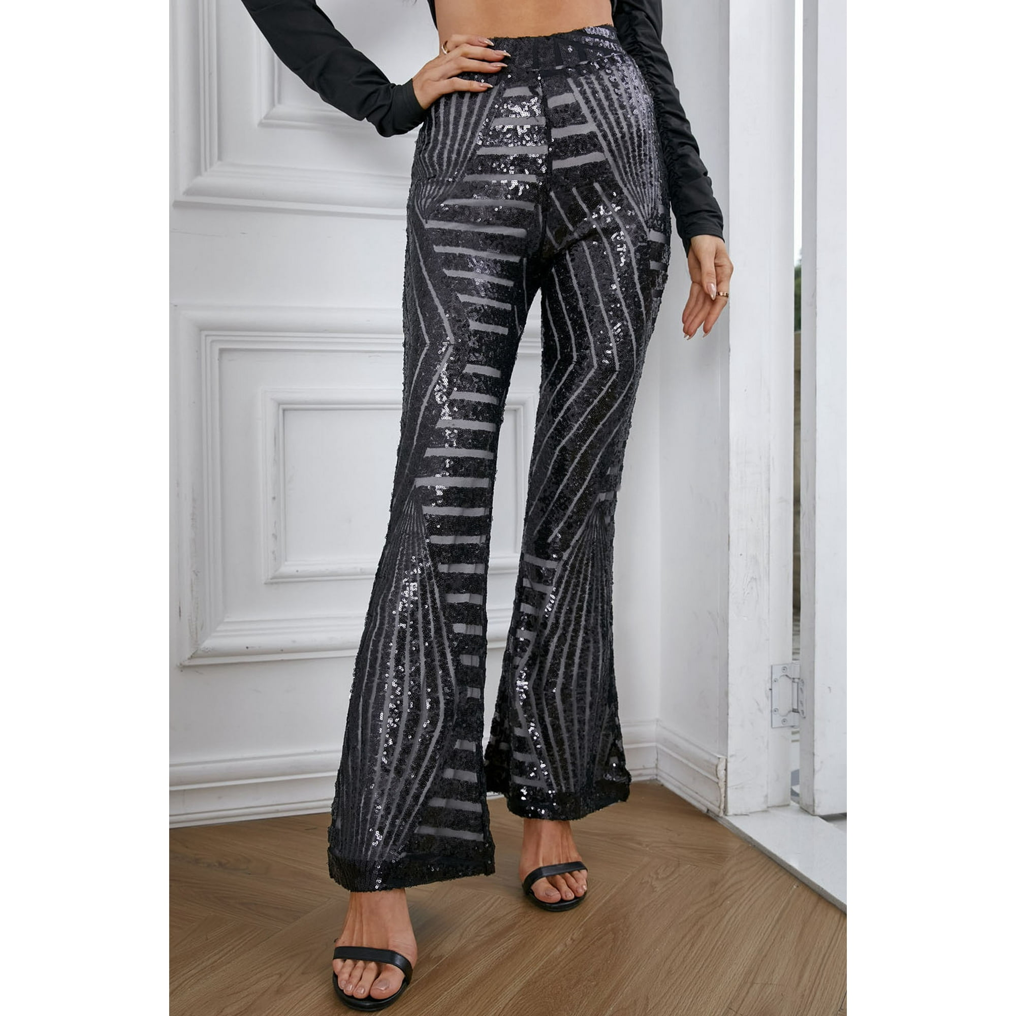 POGLIP Women s Black Sequin Wide Leg Pants