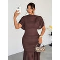 thumbnail image 4 of Brown Plus Size Elegant Sheer Mesh Ruched Maxi Dress With Cowl Neck And Puff Sleeves, 4 of 8
