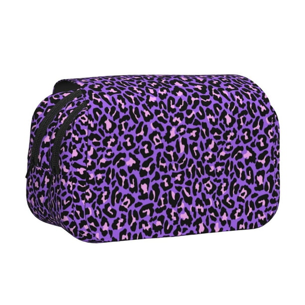Disketp Purple Leopard Estuche de Lápices de Doble Capa con Tapa Abatible y Cremallera, Organizador Escolar para Adolescentes y Adultos