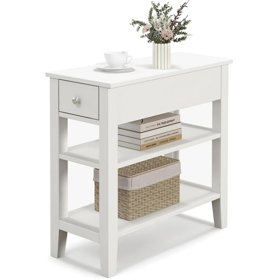 QRKD Narrow Side Table, Modern Nightstand with Drawers & Shelves, Small Bedside Tables for Small Spaces, 3 Tier End Tables for Living Room, Bedroom, Dorm (White)