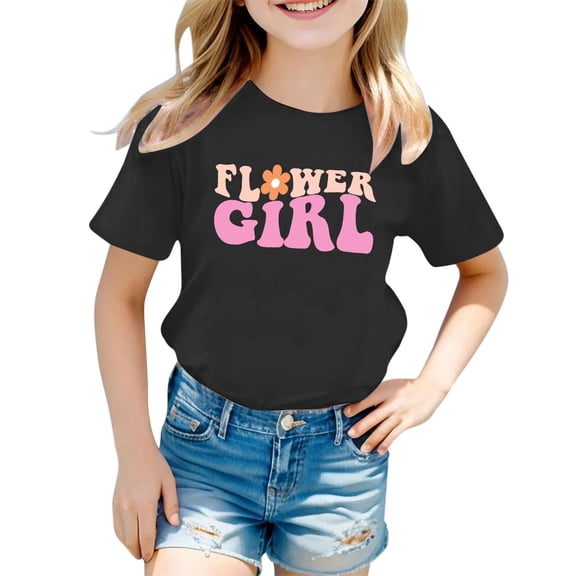 YUEHUA Kids' Flower Girl Graphic T-Shirt, Girls' Casual Short Sleeve Tee, Cute Floral Letter Print Top for Wedding & Special Occasions